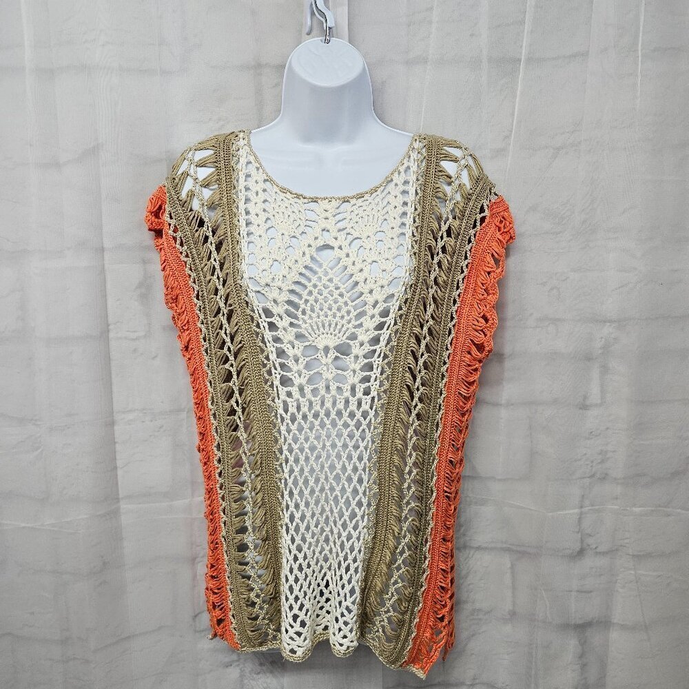 Chico's Vest Tan Orange Open Knit Crochet Boho Hippie Retro M